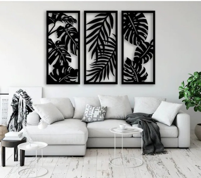 Kit 3 Quadros Painel MDF Folhas Natureza Decorativo - Preto